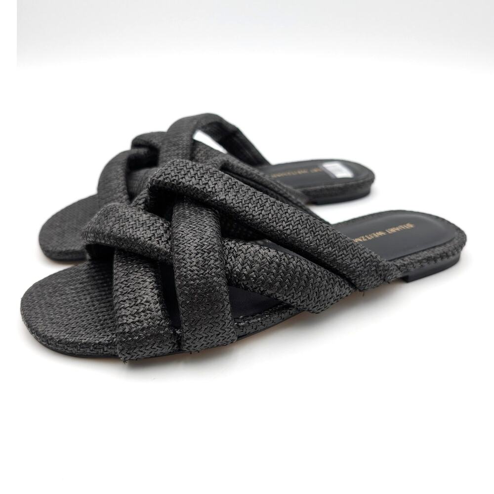 Stuart Weitzman Crossover Raffia Slide Sandals Women's Black Size US7B EU37.5
